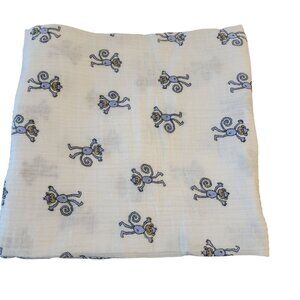 Aden + Anais muslin baby blanket swaddle white blue monkey print